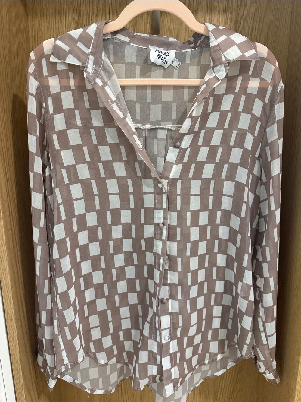 Princess Polly Taupe & Ivory Checkered Button-Down Blouse